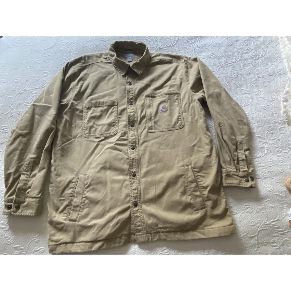 Carhartt Rugged Flex Fleece Lined Khaki Snap Cotton Jacket XL R2
